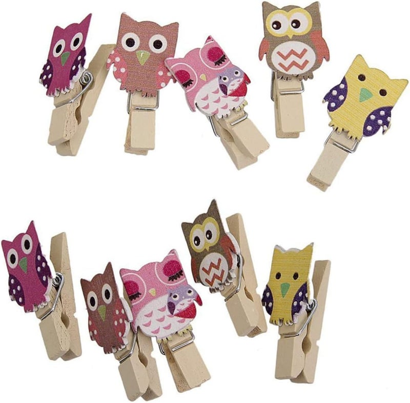 klarako 10pcs Wood Shape Clips Game Favors for Jute Album Craft Clamp Clothespins With Postcard Wooden Pictures Hanging Rope Holders Paper Owl Cartoon Note Photo Pattern Peg Twine Burlap - Image 1