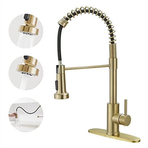 VOTON Kitchen Faucets with Pull Out Sprayer Commercial Spring Sink Faucet Stainless Steel Brushed Gold Pull Down Single Handle Farmhouse faucets with Deck Plate for Camper Laundry Utility Rv Wet Bar - Image 1