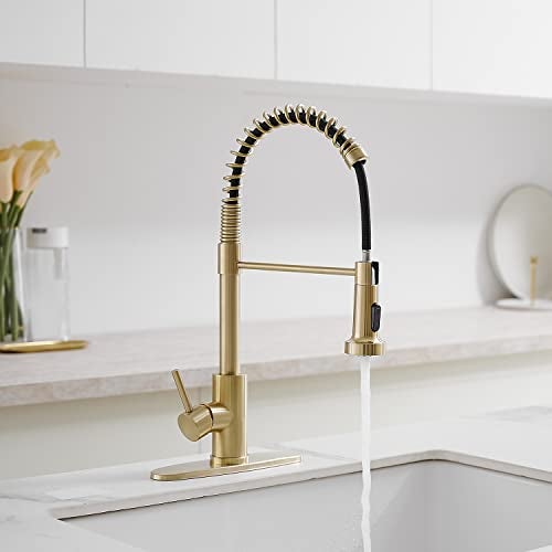 VOTON Kitchen Faucets with Pull Out Sprayer Commercial Spring Sink Faucet Stainless Steel Brushed Gold Pull Down Single Handle Farmhouse faucets with Deck Plate for Camper Laundry Utility Rv Wet Bar - Image 4
