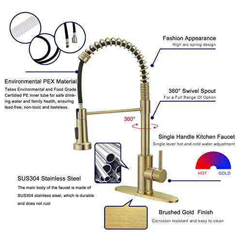 VOTON Kitchen Faucets with Pull Out Sprayer Commercial Spring Sink Faucet Stainless Steel Brushed Gold Pull Down Single Handle Farmhouse faucets with Deck Plate for Camper Laundry Utility Rv Wet Bar - Image 3