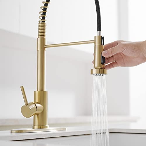 VOTON Kitchen Faucets with Pull Out Sprayer Commercial Spring Sink Faucet Stainless Steel Brushed Gold Pull Down Single Handle Farmhouse faucets with Deck Plate for Camper Laundry Utility Rv Wet Bar - Image 5