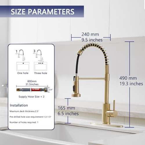 VOTON Kitchen Faucets with Pull Out Sprayer Commercial Spring Sink Faucet Stainless Steel Brushed Gold Pull Down Single Handle Farmhouse faucets with Deck Plate for Camper Laundry Utility Rv Wet Bar - Image 2