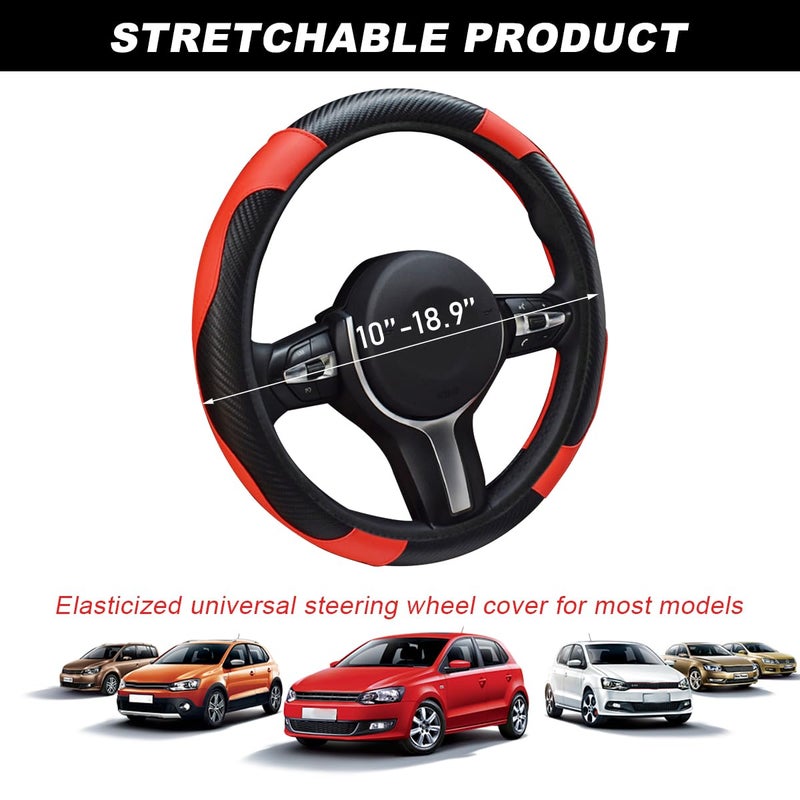 DXNQ Car Steering Wheel Cover, 15 Inch Carbon Fiber Leather Stitching Color Steering Wheel Protector, Anti-Slip Elastic Breathable Steering Wheel Cover Stylish Decor for Most Cars (Black&Red) - Image 2