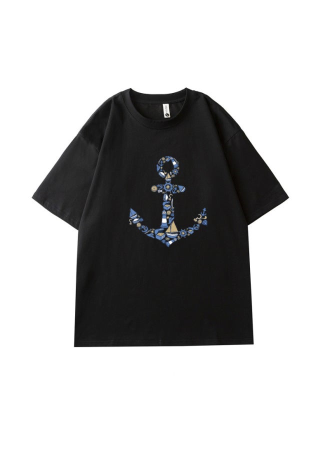 European And American Minimalist Oversized Versatile Mercerized Cotton T-shirt For Men, Summer Loose Solid Color Printed Short-sleeve Breathable T-shirt
