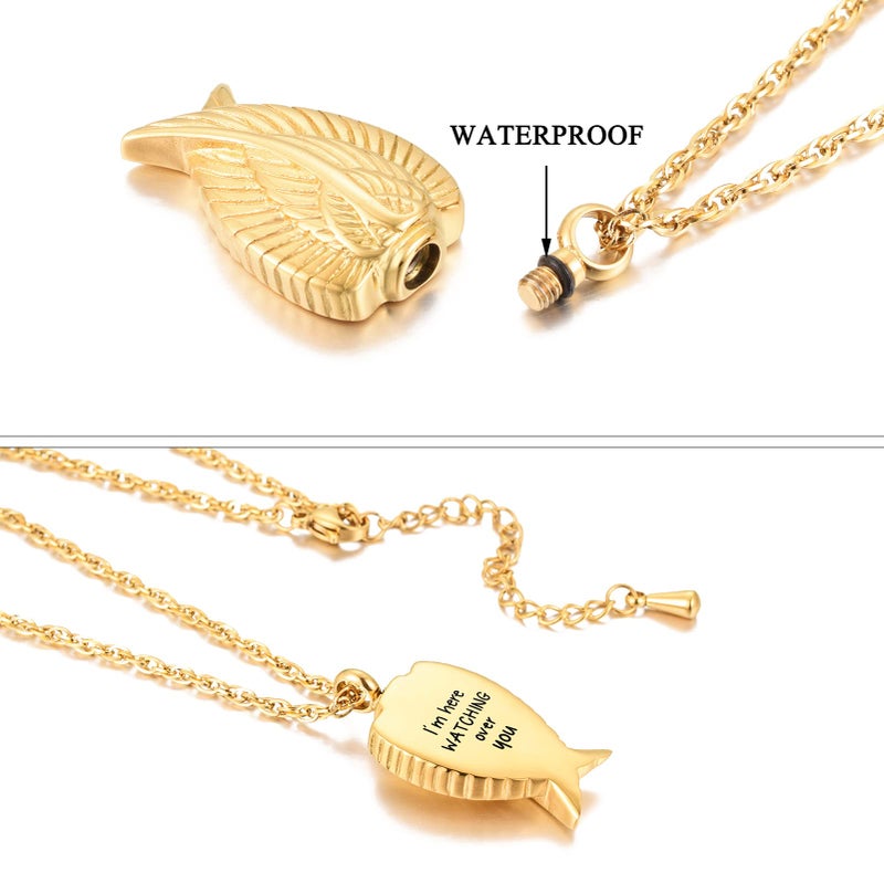 Dletay Angel Wing Cremation Necklace for Ashes Stainless Steel Urn Pendant Ashes Holder Memorial Jewelry-Iâ€™m Here WATCHING Over You(Gold) - Image 3
