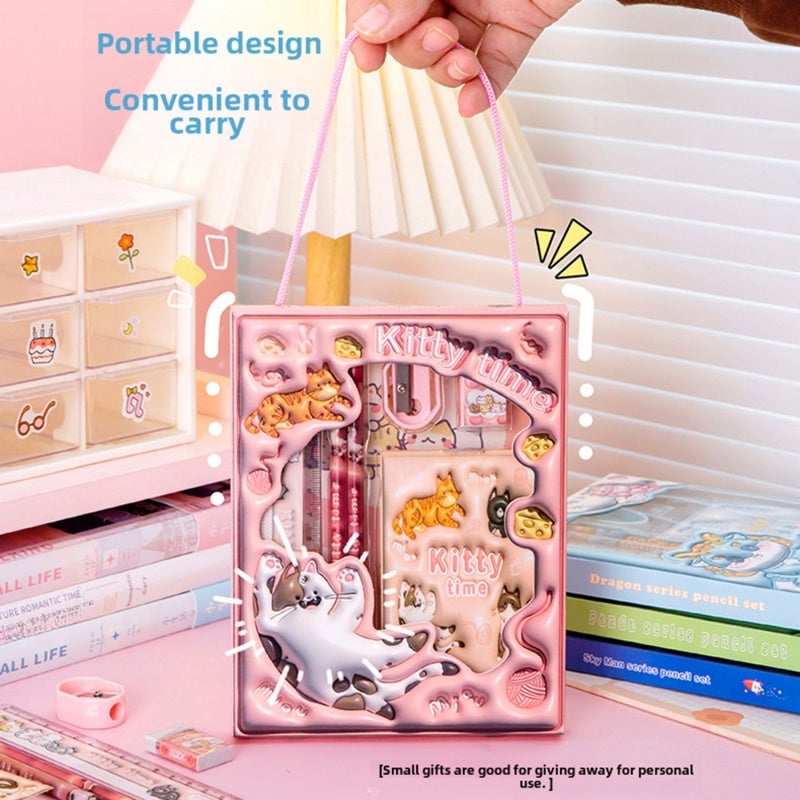 Educational Stationery Set: 6-Piece Pink Compact Size Durable Materials - Vibrant 3D Cartoon Design Learning Tools for Young Students Home School Use - Image 3