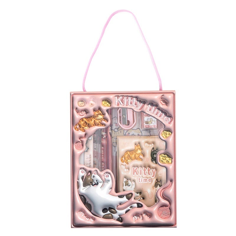 Educational Stationery Set: 6-Piece Pink Compact Size Durable Materials - Vibrant 3D Cartoon Design Learning Tools for Young Students Home School Use - Image 1