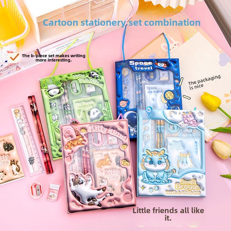 Educational Stationery Set: 6-Piece Pink Compact Size Durable Materials - Vibrant 3D Cartoon Design Learning Tools for Young Students Home School Use - Image 2