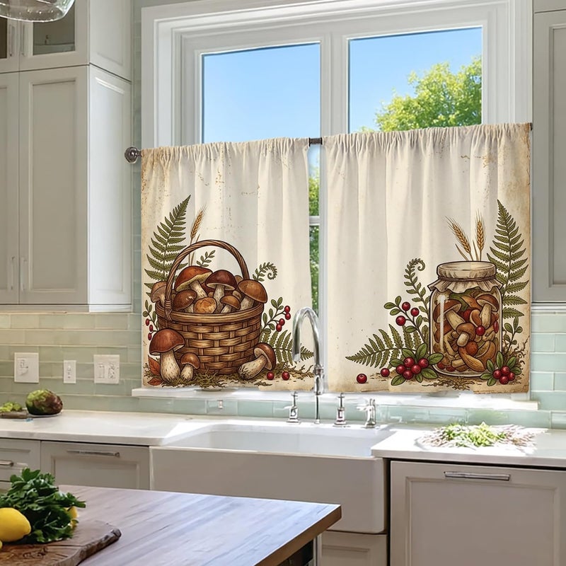 Basket Kitchen Curtains, Rustic Farmhouse Mushroom Fern Fall Brown Cafe Curtain Panels with Rod Pocket for Kitchen Window Curtains Over Sink 26x36 Inch - Image 4