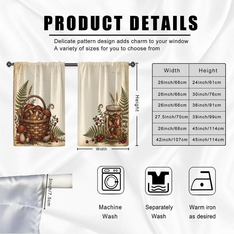 Basket Kitchen Curtains, Rustic Farmhouse Mushroom Fern Fall Brown Cafe Curtain Panels with Rod Pocket for Kitchen Window Curtains Over Sink 26x36 Inch - Image 3