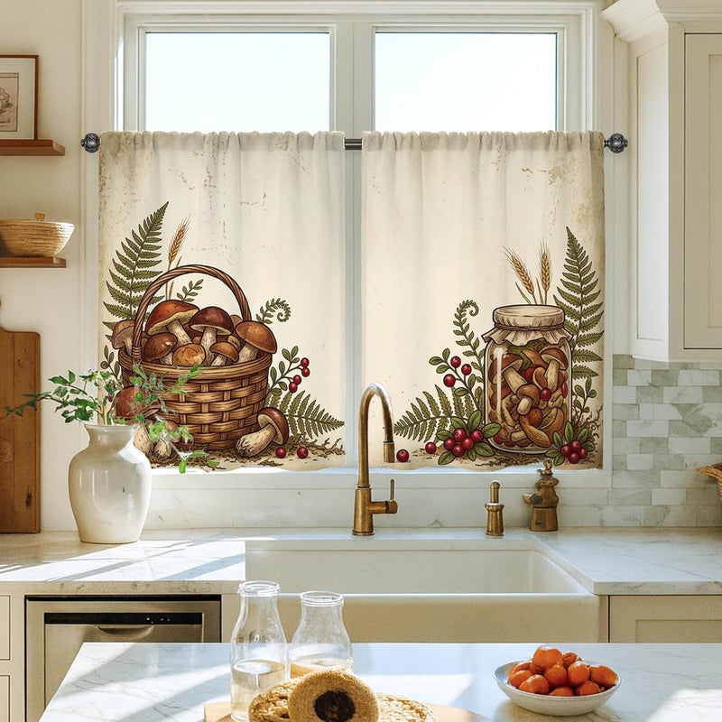 Basket Kitchen Curtains, Rustic Farmhouse Mushroom Fern Fall Brown Cafe Curtain Panels with Rod Pocket for Kitchen Window Curtains Over Sink 26x36 Inch - Image 1