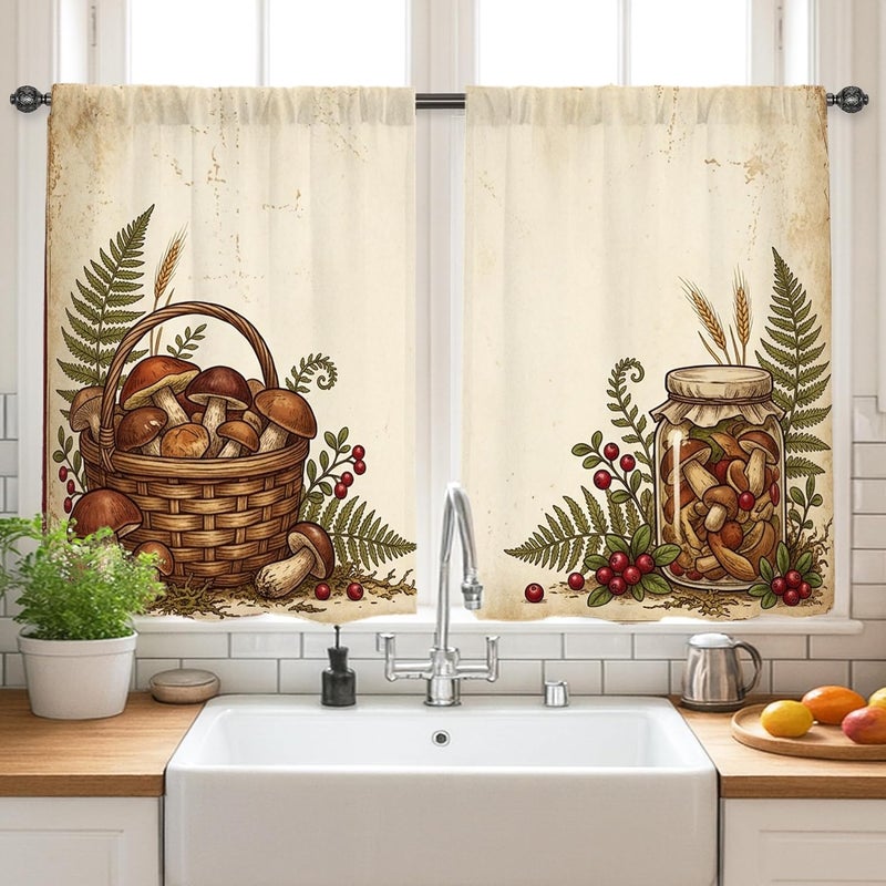 Basket Kitchen Curtains, Rustic Farmhouse Mushroom Fern Fall Brown Cafe Curtain Panels with Rod Pocket for Kitchen Window Curtains Over Sink 26x36 Inch - Image 2