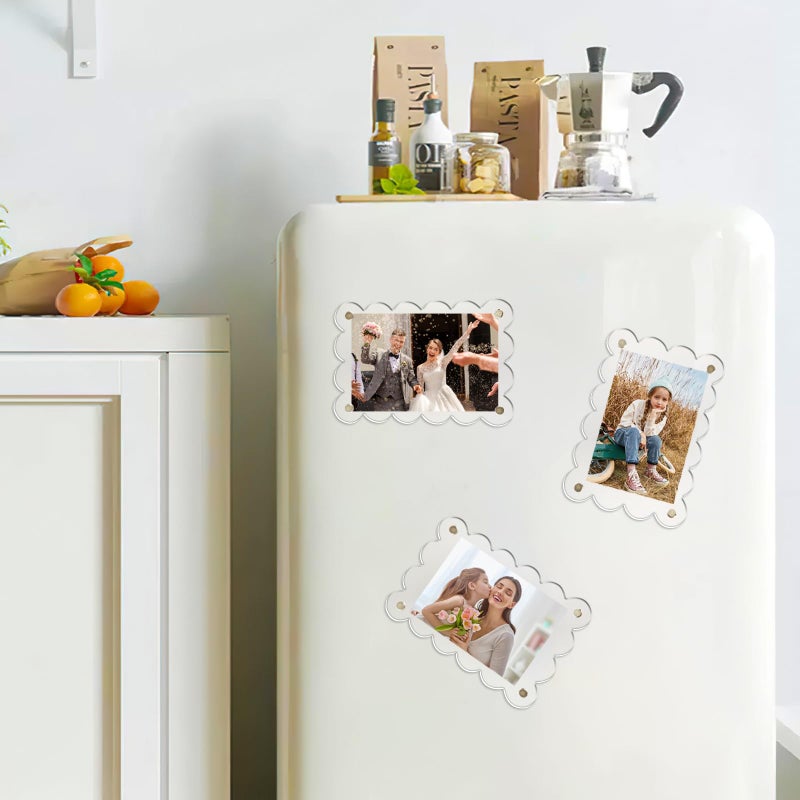 Nirvany 5 Pack 2.36 x 3.54 Inch Acrylic Fridge Magnetic Picture Frames, Scalloped Clear Polaroid Frames, Double-Sided Magnet Photo Holder for Instax Mini and Wallet Size Photos (Transparent) - Image 5