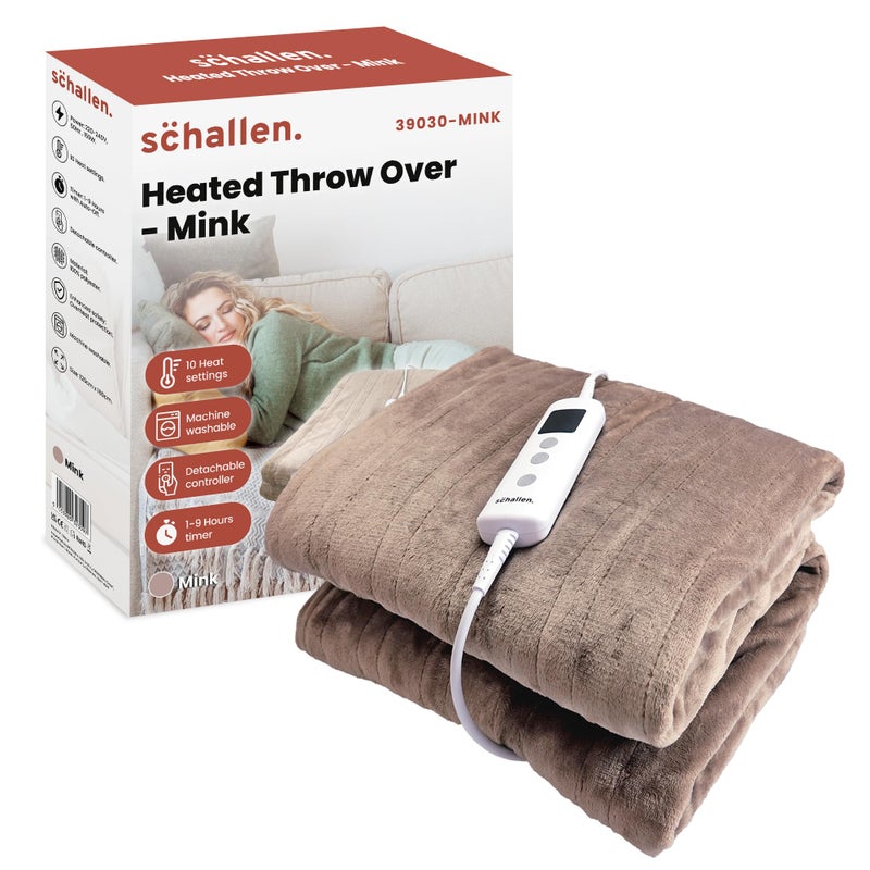 Schallen 120x160cm Soft Heated Warm Throw Over Blanket with Timer and 10 Heat Settings Mink Beige