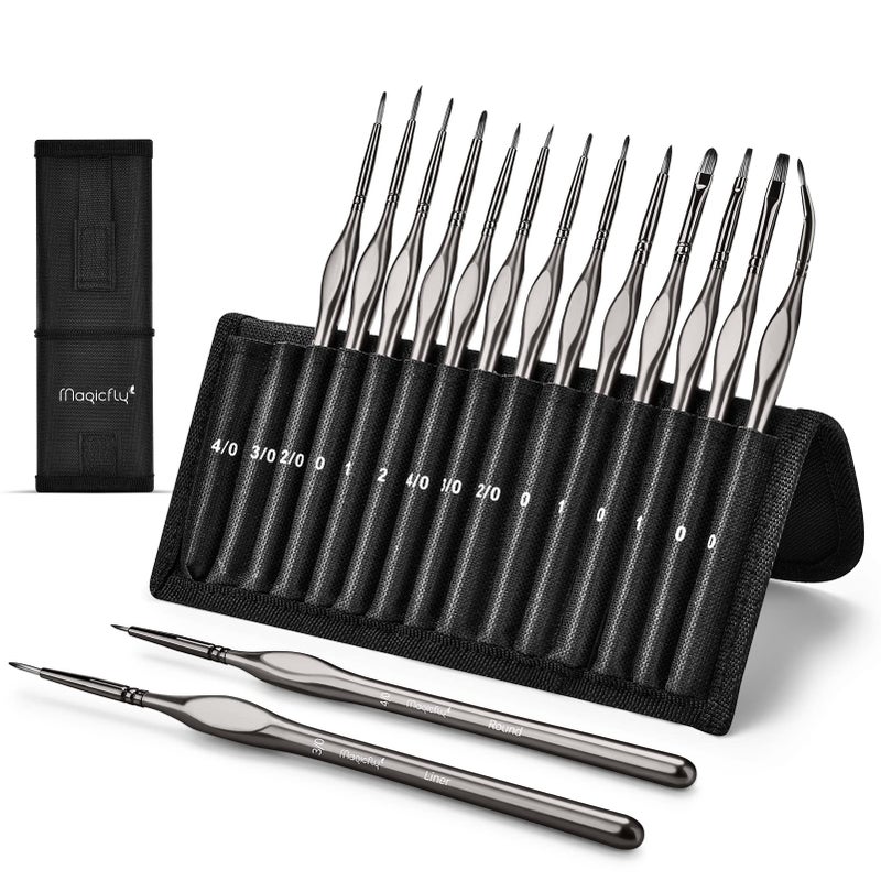Magicfly Magicfly Fine Detail Paint Brushes, 15pcs Miniature Paint Brushes Set with Dustproof Nylon Bag, Nylon Hair, Fine Detailing for Acrylic, Oil, Watercolor, Gouache & More Silver Grey  - Image 1
