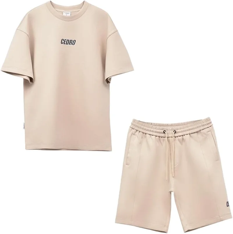 سيدرو Cedro Men's Oversize Graphic Tee & Shorts Set in Beige