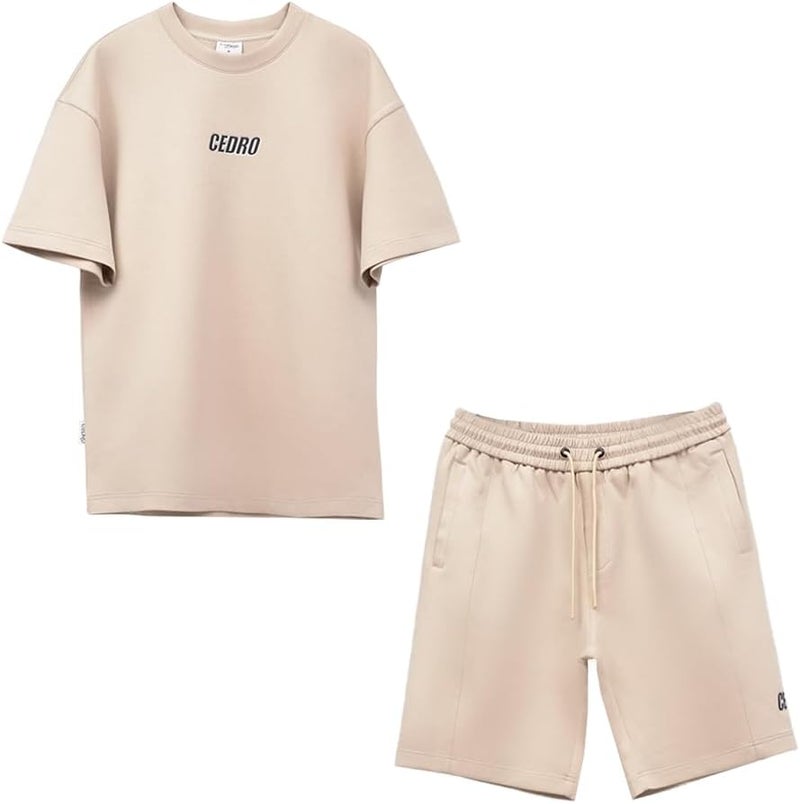 Cedro Men's Oversize Graphic Tee & Shorts Set in Beige - Image 1