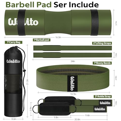 WALITO 7Pcs Barbell Pad Set for Hip Thrust - Squat Pad,Gym Accessories for Women with Bar Bad,Bench Press, with Gym Ankle Straps,Resistance Bands for Working Out,Lifting Strap,Carry Bag - Image 2