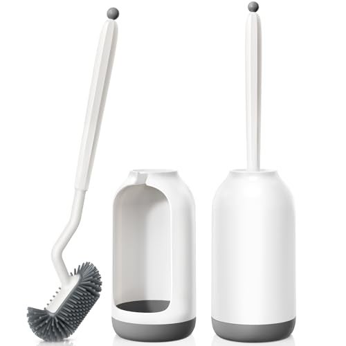 HAMITOR Toilet Bowl Brush Holder Set 2Pack Deep Cleaning Silicone Toilet Scrubber Under Rim with Curved Bristle for Bathroom Dead Corner Clean  Modern Rv Decorative Accessories