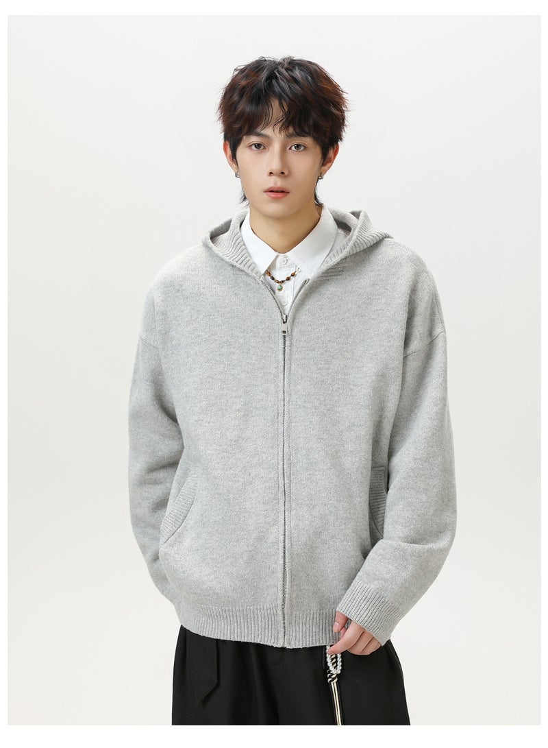 NIBEMINENT Loose Fit Solid Color Hooded Open Cardigan Sweater Vintage Knitted Outerwear Autumn Winter American Style Casual Fashion - Image 2