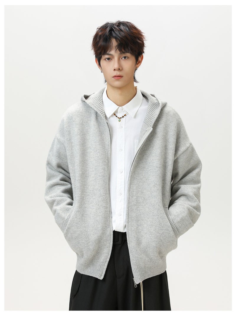 NIBEMINENT Loose Fit Solid Color Hooded Open Cardigan Sweater Vintage Knitted Outerwear Autumn Winter American Style Casual Fashion - Image 4