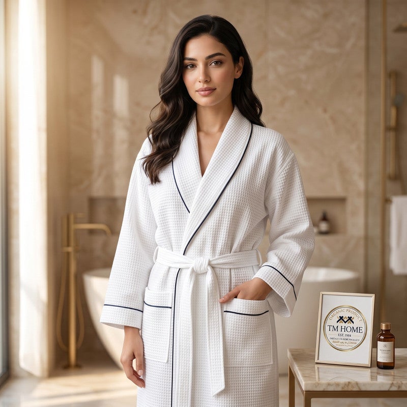 TM HOME Honeycomb Unisex Bathrobe, 100% Natural Cotton, Soft and Highly Absorbent, Premium Hotel Quality, White - Image 3