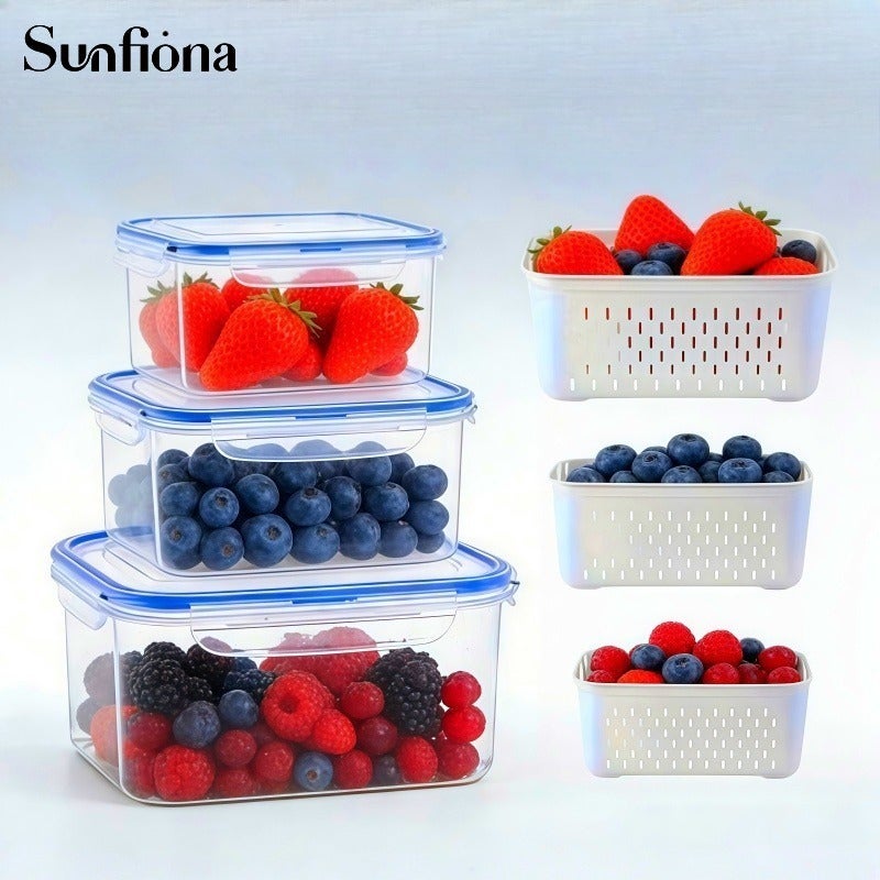 Sunfiona 2/6pcs/Set Large Capacity Fruit Storage Containers with Removable Drain Colander, Airtight Food Keeper for Fridge & Dishwasher Safe, Extend Freshness for Berries, Fruits & Vegetables - Image 1
