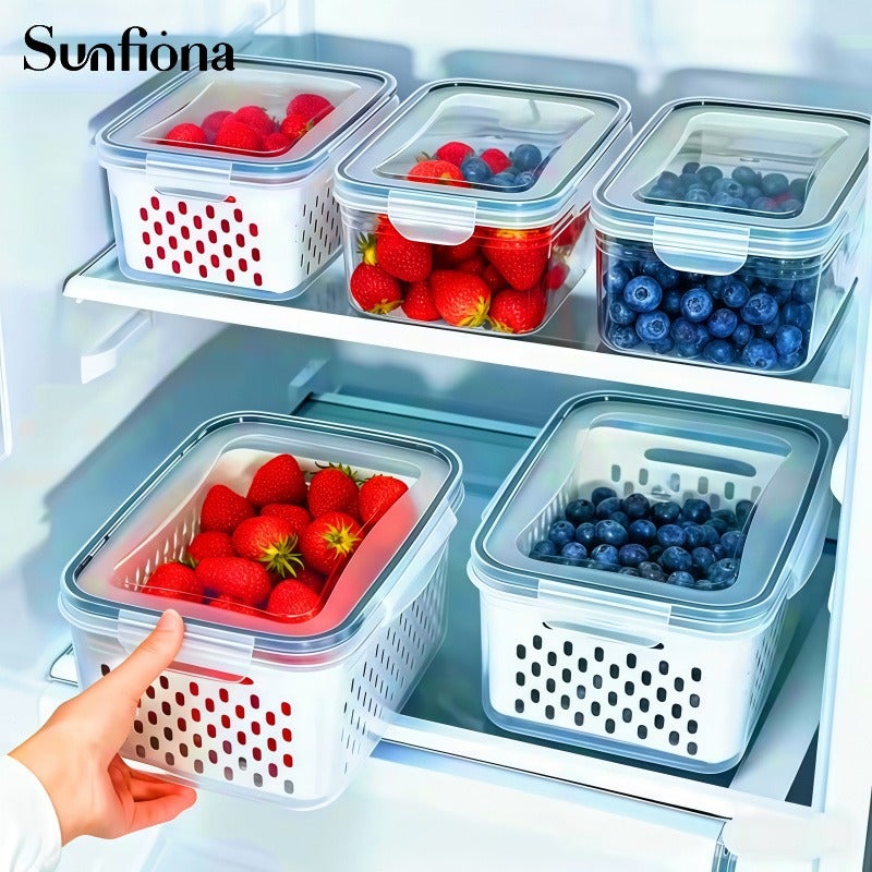 Sunfiona 2/6pcs/Set Large Capacity Fruit Storage Containers with Removable Drain Colander, Airtight Food Keeper for Fridge & Dishwasher Safe, Extend Freshness for Berries, Fruits & Vegetables - Image 2