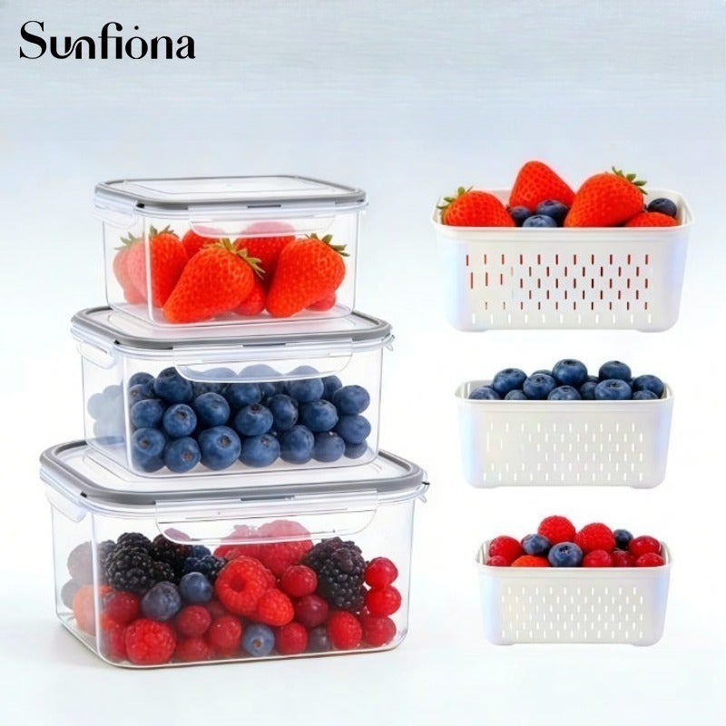 Sunfiona 2/6pcs/Set Large Capacity Fruit Storage Containers with Removable Drain Colander, Airtight Food Keeper for Fridge & Dishwasher Safe, Extend Freshness for Berries, Fruits & Vegetables - Image 5
