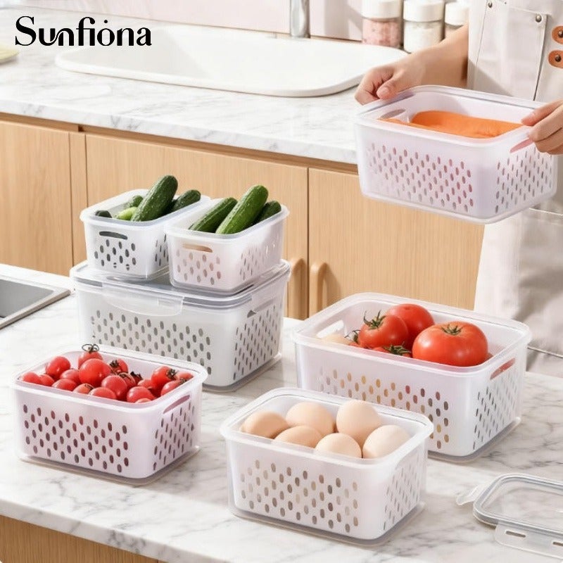 Sunfiona 2/6pcs/Set Large Capacity Fruit Storage Containers with Removable Drain Colander, Airtight Food Keeper for Fridge & Dishwasher Safe, Extend Freshness for Berries, Fruits & Vegetables - Image 4