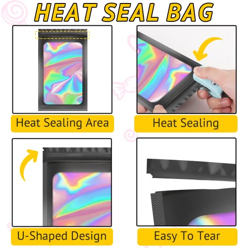 TIFICAL 100 PCS Holographic Bags Smell Proof Bag Resealable Gift Bags Clear Bags for Food Storage Party Favor Bag Mylar Sample Bag for Jewelry Lipgloss Eyelash Black 63x94 Inch - Image 3