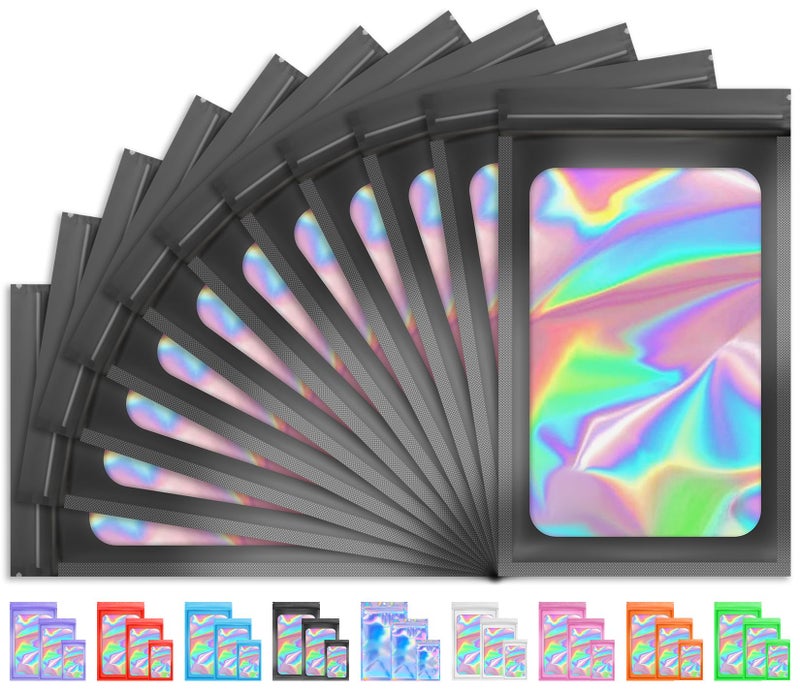 TIFICAL 100 PCS Holographic Bags Smell Proof Bag Resealable Gift Bags Clear Bags for Food Storage Party Favor Bag Mylar Sample Bag for Jewelry Lipgloss Eyelash Black 63x94 Inch - Image 2