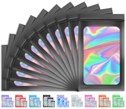 TIFICAL 100 PCS Holographic Bags Smell Proof Bag Resealable Gift Bags Clear Bags for Food Storage Party Favor Bag Mylar Sample Bag for Jewelry Lipgloss Eyelash Black 63x94 Inch - Image 1