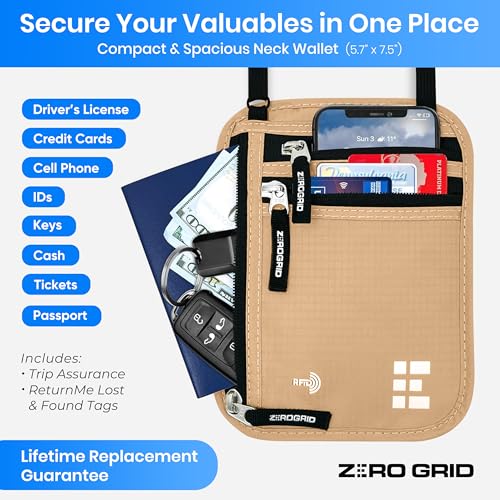Zero Grid محفظة عنق للسفر وحامل جواز السفر مع تقنية حجب RFID - حقيبة سفر نحيفة وسهلة الإخفاء من النايلون للرجال والنساء - تحمل الهاتف والنقود والبطاقات والمفاتيح - مقاومة للعرق والماء - كبيرة - رمال الصحراء - Image 2