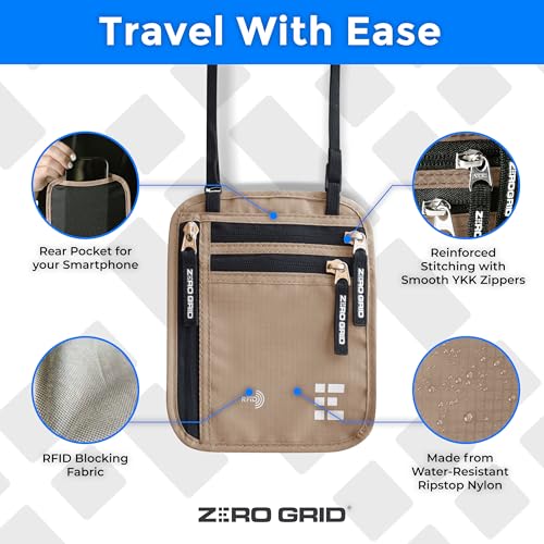 Zero Grid محفظة عنق للسفر وحامل جواز السفر مع تقنية حجب RFID - حقيبة سفر نحيفة وسهلة الإخفاء من النايلون للرجال والنساء - تحمل الهاتف والنقود والبطاقات والمفاتيح - مقاومة للعرق والماء - كبيرة - رمال الصحراء - Image 3
