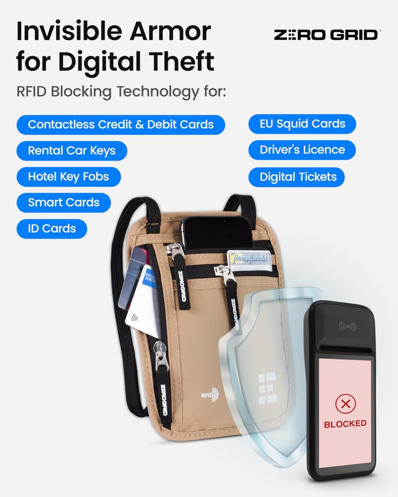 Zero Grid محفظة عنق للسفر وحامل جواز السفر مع تقنية حجب RFID - حقيبة سفر نحيفة وسهلة الإخفاء من النايلون للرجال والنساء - تحمل الهاتف والنقود والبطاقات والمفاتيح - مقاومة للعرق والماء - كبيرة - رمال الصحراء - Image 4