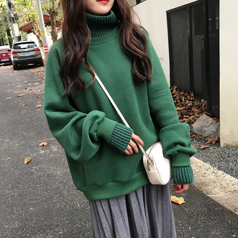 Thick Fleece Hoodie Women Autumn Winter Korean Trendy Loose High Neck Sweater Coat Pink  - Image 5