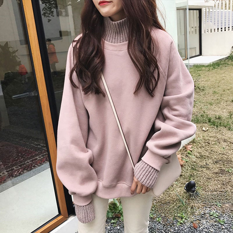 Thick Fleece Hoodie Women Autumn Winter Korean Trendy Loose High Neck Sweater Coat Pink  - Image 2