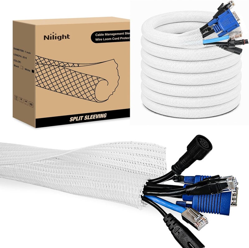 Nilight Cable Sleeve, 25ft-1inch Cable Management Sleeves, Braided Cable Sleeving, Split Self Wrapping Wire Loom for Computer Cable Electrical Wire Automotive Harness Protector Organizer, White - Image 1