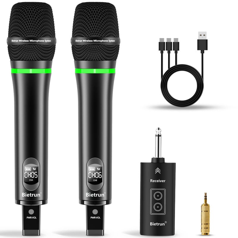 Bietrun Rechargeable Wireless Microphone Dual Metal Cordless Handheld Dynamic Wireless Mics with 14 Output for Karaoke Meeting Singing Church WeddingUHF 240ft RangeReceiver with Bluetooth