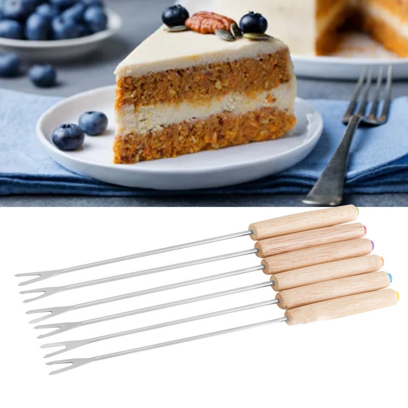 Fondue Forks: 6 Pieces Stainless Steel With Heat Insulating Wooden Handle - Heat Resistant Easy To Clean Smore Sticks for Picnic Camping Party - Image 5