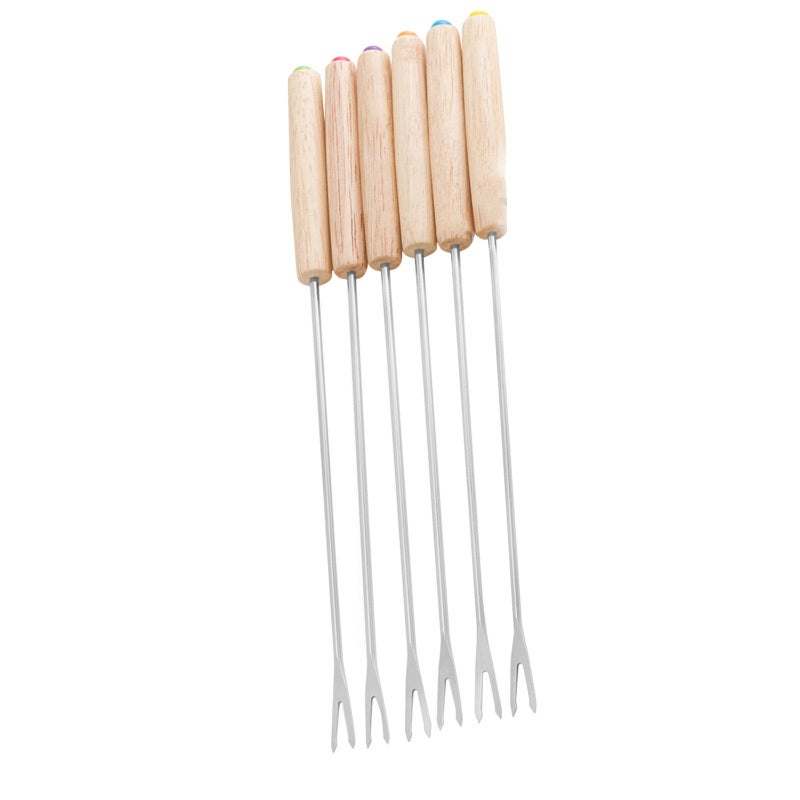 Fondue Forks: 6 Pieces Stainless Steel With Heat Insulating Wooden Handle - Heat Resistant Easy To Clean Smore Sticks for Picnic Camping Party - Image 2