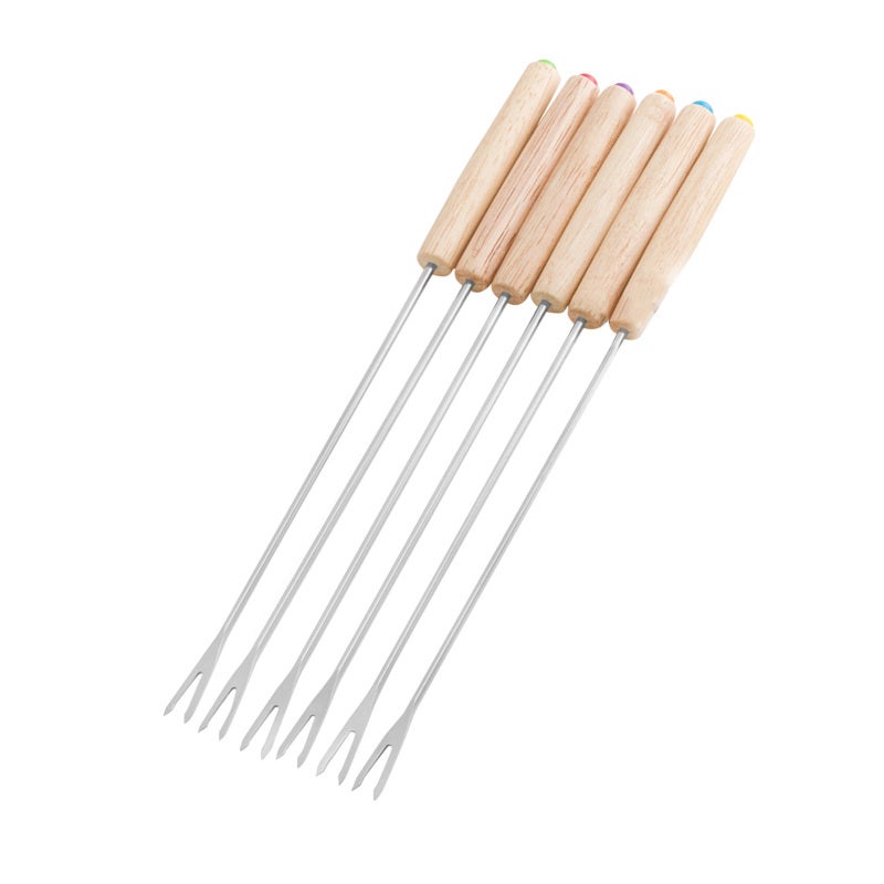 Fondue Forks: 6 Pieces Stainless Steel With Heat Insulating Wooden Handle - Heat Resistant Easy To Clean Smore Sticks for Picnic Camping Party - Image 1