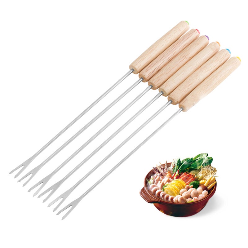 Fondue Forks: 6 Pieces Stainless Steel With Heat Insulating Wooden Handle - Heat Resistant Easy To Clean Smore Sticks for Picnic Camping Party - Image 3