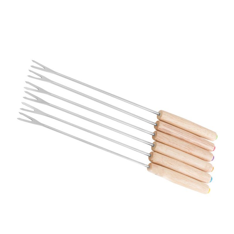 Fondue Forks: 6 Pieces Stainless Steel With Heat Insulating Wooden Handle - Heat Resistant Easy To Clean Smore Sticks for Picnic Camping Party - Image 4