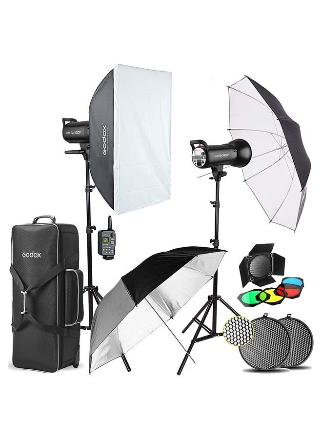 Godox Godox 2 x SK400II 800Ws Strobe Flash Light Monolight Kit for Studio Photography, Includes Light Stand, Softbox, Reflector, Honeycomb, Barnd Door Kit, Umbrella, Carrying Case