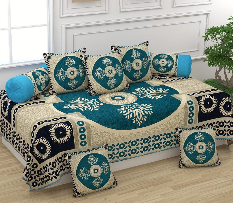 SAWNA HOMES Printed Chenille Velvet Diwan Set – 8 Pieces (1 Single Bedsheet, 5 Cushion Covers, 2 Bolster Covers), Printed Velvet Fabric Cover Set Soft for Living Room & Bedroom (8 Pieces, Sky Blue) - Image 1