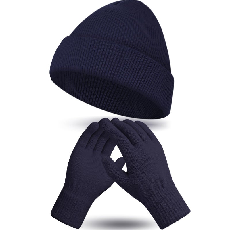 ShinyMatch Winter Beanie Hat Gloves Set, Soft Knitted Hat Stretchy Gloves Warm Skull Cap Set for Women Men Gifts(Navy Blue) - Image 1
