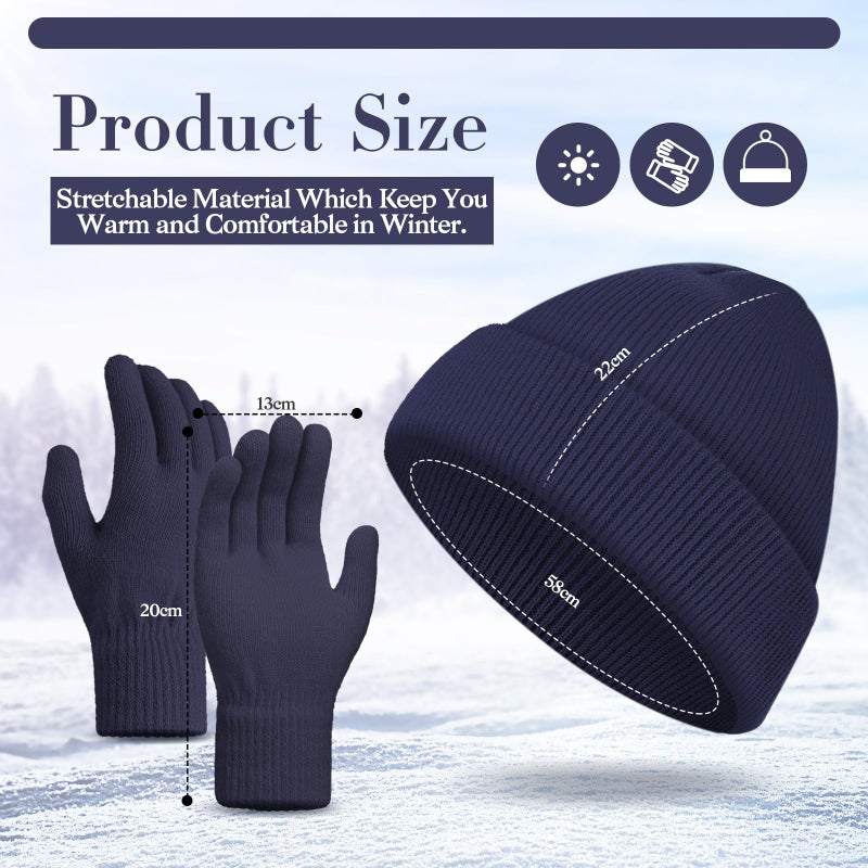 ShinyMatch Winter Beanie Hat Gloves Set, Soft Knitted Hat Stretchy Gloves Warm Skull Cap Set for Women Men Gifts(Navy Blue) - Image 2