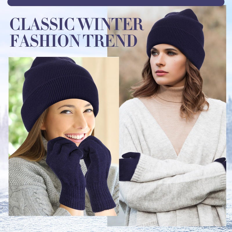 ShinyMatch Winter Beanie Hat Gloves Set, Soft Knitted Hat Stretchy Gloves Warm Skull Cap Set for Women Men Gifts(Navy Blue) - Image 5
